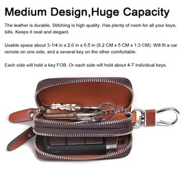 Contacts Genuine Leather Car Key Case Holder Double Zipper Keychain Coin Purse Brown