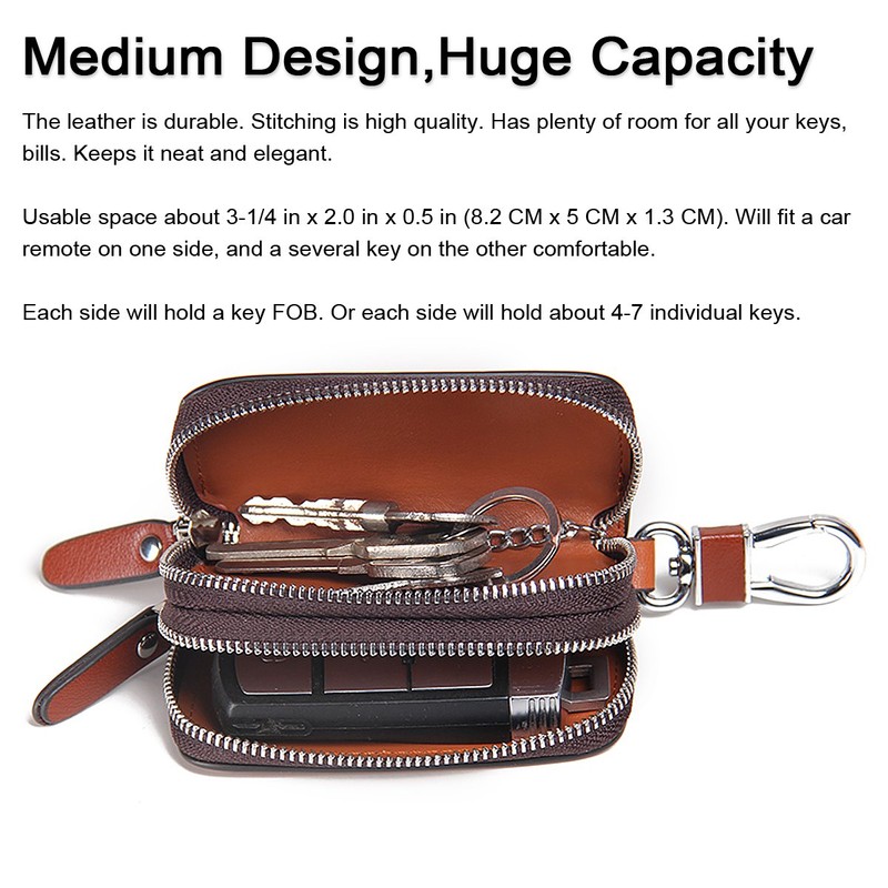 Contacts Genuine Leather Car Key Case Holder Double Zipper Keychain