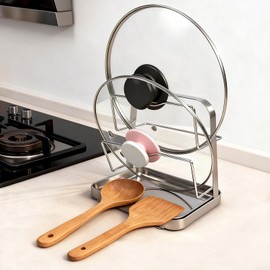 YJREW 304 Pot Lid Organizer & Spoon Rest, Pot Lid Holder Storage Rack for Kitchen Countertop, Multifunctional Stove Top Pot Cover Stand While Cooking