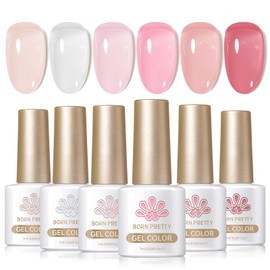 BORN PRETTY Gel Nails, Pink, White, Set of 6 Colors, Transparent, Color Gel, Nude, UV and LED Compatible, Salon Nails, Self Nail Art