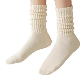PLZSITDOWN Women Slouch Socks Knit Mid Calf Rib Tube Scrunchy Slouchy Crew Socks, Beige, One Size