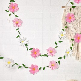SUNBEAUTY Spring Wildflowers Garland Crepe Paper Flower Banner Pink White Floral Party Decorations Hanging Wildflower Banner for Birthday Wedding Baby Shower Wall Arch Decor-2Pcs