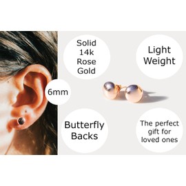 Plain Gold Jewelry, Dainty, Hollow 6mm Flat Ball Studs in Solid 14K Rose Gold with Push Backs, High Polished Dainty Earrings