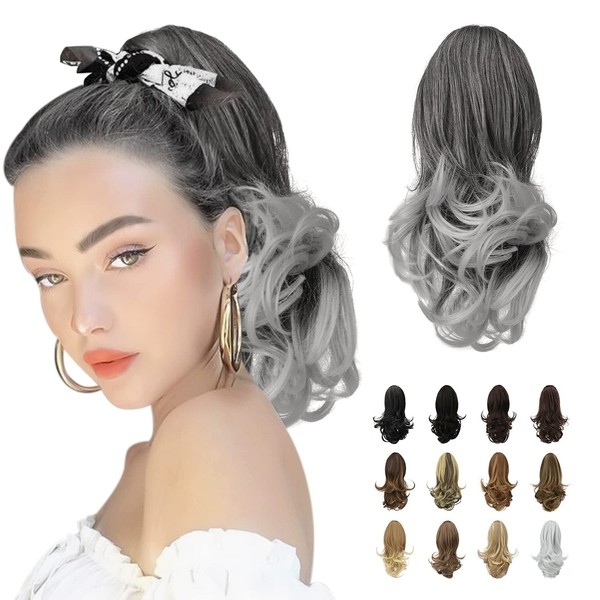 SOFEIYAN 13" Ponytail Extension Long Curly Ponytail Clip in Claw Hair Extension Natural Looking Synthetic Hairpiece for Women, Gray mix