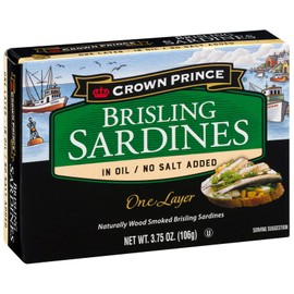 Crown Prince One Layer Brisling Sardines in Oil, No Salt Added, 3.75-Ounce Cans (Pack of 12)