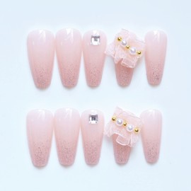24pcs Beautiful Lace Nail Tips Pink Nail Tips for Wedding, Party, Holiday, Dating, Prom and Daily Life