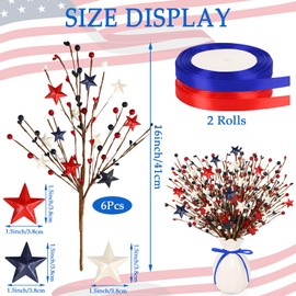 JUNEBRUSHS 6 Pack Patriotic Artificial Berry Stem Picks Red White and Blue Artificial Art Flowers Berry 4th of July Floral Picks with 2 Roll Ribbons for Bouquet Garland Table Centerpieces Home Decor