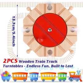 2 PCS Wooden Train Track Expansion Pack 8 Way Turntable Brick Bridge Accessory Set Compatible for Tabletop Play, Toddler Activities and Family Fun (Wooden Train Track Turntable)