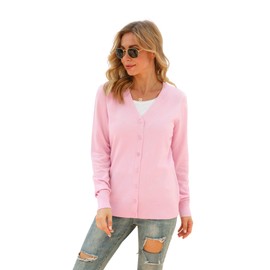VIISHOW Women's V-Neck Button Down Knitwear Long Sleeve Soft Basic Knit Cardigan Sweater, Pink, Large