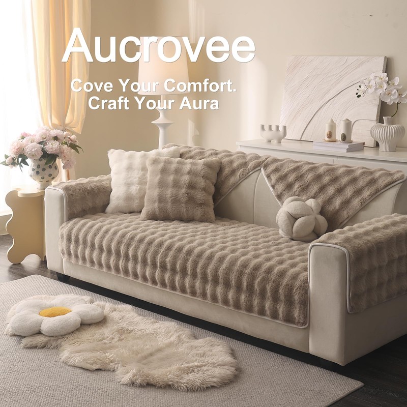 Aucrovee Soft Plush Faux Fur Couch Cover, Thick Warm Fuzzy