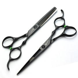 Professional Hair-Dressing Scissors and Hair Thinning Scissor Shears Set - Black - Stainless Steel J44C 5.5" and 6" (6" Set)