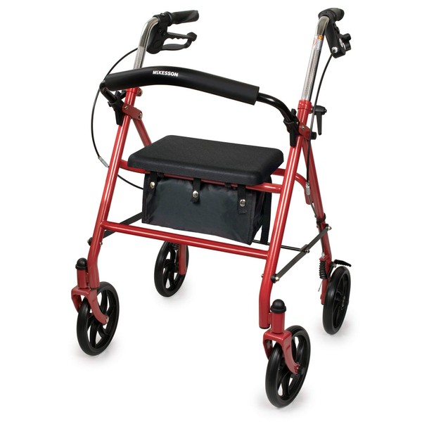 McKesson Rollator Walker with Seat and Wheels, Steel, 300 lbs Weight Capacity, Red, 1 Count