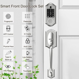 Smart Locks for Front Door,Keyless Entry Door Lock with Handle Set, Front Door Lock Set with APP Control, Fingerprint DoorLock with Deadbolt and Adjustable Lever, Satin Nickel