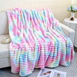 Plush Throw Blanket, Rainbow Tie-Dye Pattern, Super Soft Faux Fur, Pastel Pink Blue Purple, Decorative Cozy Blanket for Couch Bed,Gift for Women (Rainbow, Twin (63" x 77"))