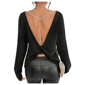 RoseSeek Women's Beaded Twist Open Back Backless T Shirts Boat Neck Long Sleeve Waffle Knit Tee Tops Black Medium