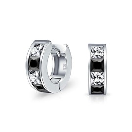 Small Square Princess Cut Black White CZ Channel Set Huggie Hoop Earrings For Women Men Cubic Zirconia .925 Sterling Silver