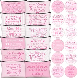 Geelin 24 Pcs Pink Bow Christian Gifts Bulk for Women 12 Bow Knot Religious Canvas Makeup Bags 12 Bible Verse Compact Mirrors Inspirational Church Party Gifts for Women Mother Sister