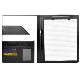 Comzantor Clipboard Folder A4, Writing Case Black with Lid, Leather Conference Folder, Clipboard Folder, File Folder, Work Folder, with Document Compartments, Pen Holder, Pen and Paper