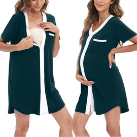Balems Maternity Nightdress, Nursing Nightdress with Button Placket, Women's Long/Short Sleeve Maternity Dress, V-Neck Birth Dress, Night Dress with Pocket, S-2XL, Blue Green