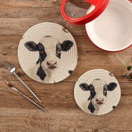 Msyxl Cow Trivets for Hot Dishes, Hot Pots and Pans, Cotton Woven Pot Holders for Kitchen Countertops, Table, 2 Pcs Heat Resistant Hot Pads, 7"+9.5"