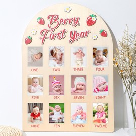 Berry First Year Photo Board Strawberry Birthday Party Decorations Wooden Board 12 Monthly Milestone Picture Frame One Year Old 1st Birthday Banner for Baby Girl Keepsake Gift Supply (Fit 2x2.8in Pic)