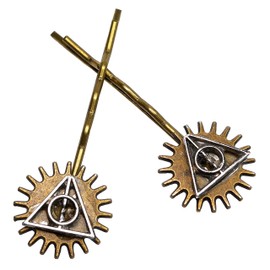 Magic Symbol Charm On Gear Bobby Pin, Set of 2, Fantasy Lover Bookworm Gift Stocking Stuffer