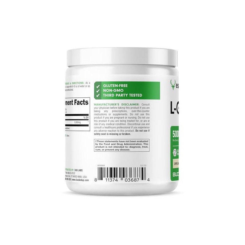 Bucked Up- LGlutamina (5000mg), Esenciales (50 Porciones, 250 Gramos)
