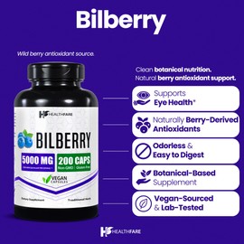 Healthfare Bilberry Supplement for Eyes | 5000mg Extract | Vision & Eye Health Support | Antioxidant Support | 200 Vegan Capsules | Extra Strength | Non-GMO, Gluten-Free | Made in USA