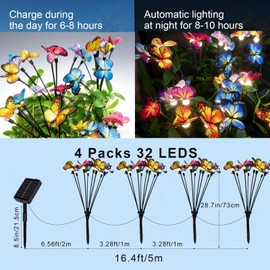 Solar Butterfly Ligths Outdoor 4 Pack 32LED Solar Power Garden Lights Firefly Butterfly Swaying Light 8 Modes Realistic Butterflies Decor for Yard Outside landscaping Patio Pathway Decorations, Warm