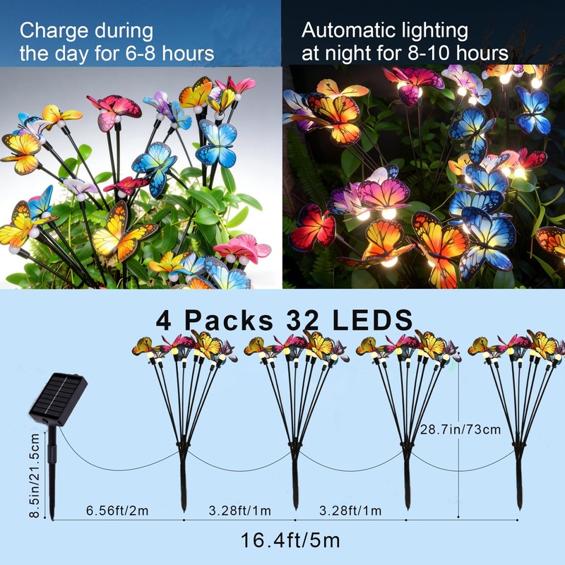 Solar Butterfly Ligths Outdoor 4 Pack 32LED Solar Power Garden