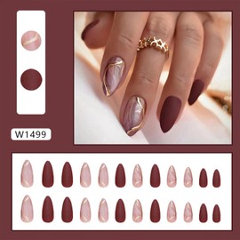 Tyuimhx 24Pcs Medium Almond Press on Nails Matte Fake Nails With Gold Line Designs Full Cover False Nails Acrylic Stick on Nails Wine Red Artificial Nails for Women Girls Glue on Nails 24Pcs