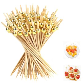 DONHUA 200Pcs Bamboo Cocktail Picks for Appetizers, Drinks, Desserts, Charcuterie - Gold Pearl Mini Food Toothpicks Fruit Sticks