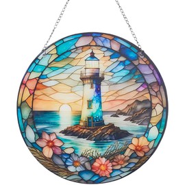 CREATCABIN Lighthouse Suncatcher Stained Window Hangings Acrylic Round Window Panel Glass Window Hangings Decor Flower Wall Art Sun Catcher Ornament Gift for Mom Women Kitchen Livingroom 7.9x7.9 Inch