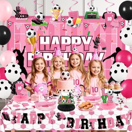 Pink Soccer Decorations for Girls Soccer Happy Birthday Banner Backdrop Balloons Football Plates Napkins Tablecloth Honeycomb Centerpieces Hanging Swirls Decor for Women Sports Party Supplies Serves10