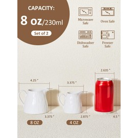 Yedio Creamer Pitcher 8 oz, Ceramic 2 Pack Creamer Container, Small Milk Pitcher Container Set, White Creamer Cup with Handle, Microwave Freezer Safe