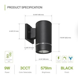 ASD 1 Light LED Indoor & Outdoor Wall Light Fixture | 9W 580LM 3000K-5000K 100-277V Cylinder Up Down Lights | Dimmable Exterior Wall Sconce | Front Door, Porch, Patio | Ringed Black, ETL 2 Pack