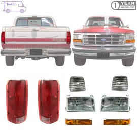 New Front Head Lights + Signal & Corner Lamps + Tail Light Right Passenger & Left Driver Side For 1992-1996 Ford Bronco / 1992-1997 F-150 F-250 F-350 Styleside Direct Replacement F2TZ13008A F2TZ13008B