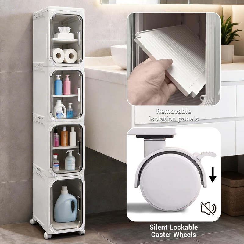 willbuy 4-Tiers Slim Bathroom Storage Cabinet, Foldable Storage Cabinets,Narrow Bathroom