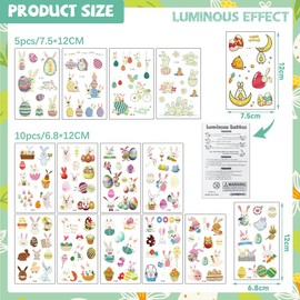 Easter Gifts Children from 3 4 5 6 7 8 9 10 Years Girls Boys 15 Sheets Luminous Temporary Easter Tattoo, Small Easter Gifts for Children Easter Basket Filling