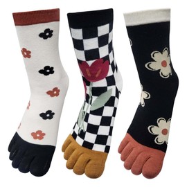 HOMSSEM Womens Girls Toe Socks Five Fingers Cute Colorful Ankle Athletic Running Toe Seperated (Midnight Blossom 3pair)