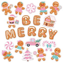 Whaline Christmas Paper Cutouts Pink Gingerbread Man Cut-Outs Be Merry Bulletin Board Decoration Set with 100Pcs Glue Points for Xmas Winter Party Classroom, 46Pcs