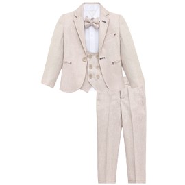 Lilax Boys Suit Set, Formal Jacket, Vest, Pants, Shirt and Matching Bowtie 5 Piece(12 Months, Beige)