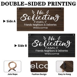 No Soliciting Sign for Front Door No Soliciting Family Friends Neighbors Deliveries Welcome Funny Hanging Plaques 12”x6” Vintage Rustic Wooden Wall Art No Solicitation Sign for Home Porch Yard
