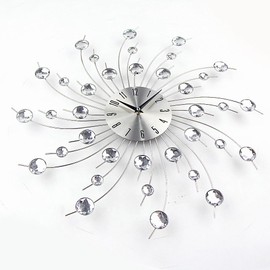 Modern 3D Crystal Wall Clock - Celebration Decorative Metal Wall Clock, Silver Mirror Sparkling Bling Diamond-Studded Wall Decor Clock Ideal for Living Room Bedroom Office (Rotating Radiation-33CM)