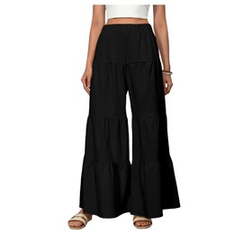 WDIRARA Women's Flowy Boho Elastic High Waist Ruffle Hem Wide Leg Beach Loose Palazzo Pants Plain Black Medium