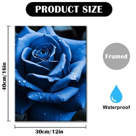 Blue Rose Canvas Wall Art Floral Pictures Wall Decor Flower Bloom Close Up Painting Print Flowers Artwork for Bathroom Bedroom Office Living Room Paintings Decorations Ready to Hang Framed 12"x16"