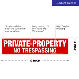 Sigo Signs - Private Property No Trespassing Sign, Rectangle Red Background Sign, (Pack of 2) 3x12 Inches, 4 Mil Vinyl Decal Stickers UV Protected, Made in USA