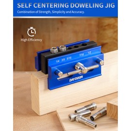 DAYDOOR 2.1" Self Centering Dowel Jig, Universal Capacity Doweling Jig & Drill Guide for Woodworking, Complete Kit with 6 Steel Bushings for Straight Holes(Blue)