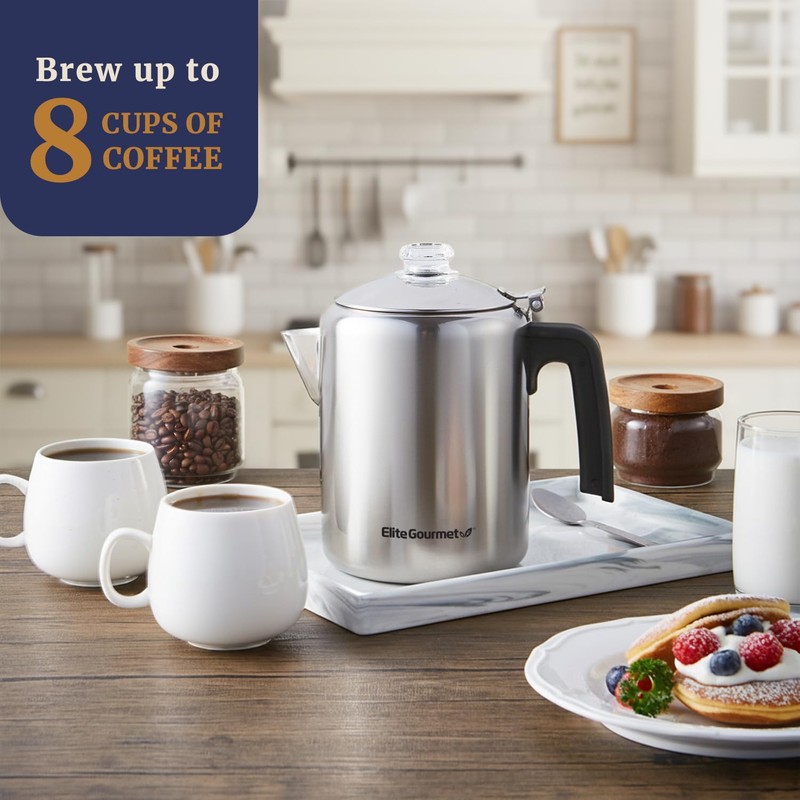 Elite Gourmet EC008 Classic Stovetop Coffee Percolator, Glass Clear Brew
