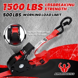 ARMORLOGISTICS Retractable Ratchet Straps 4 Pack, 1 in x 12 FT Auto Ratchet Straps for Motorcycle, Kayak and Trucks, Breaking Strength 1,500LBS/500LBS Working Load Limit Red